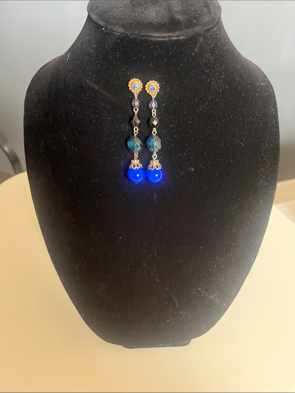 Elegant Cache Gold-Accent Blue Bead Drop Earrings
